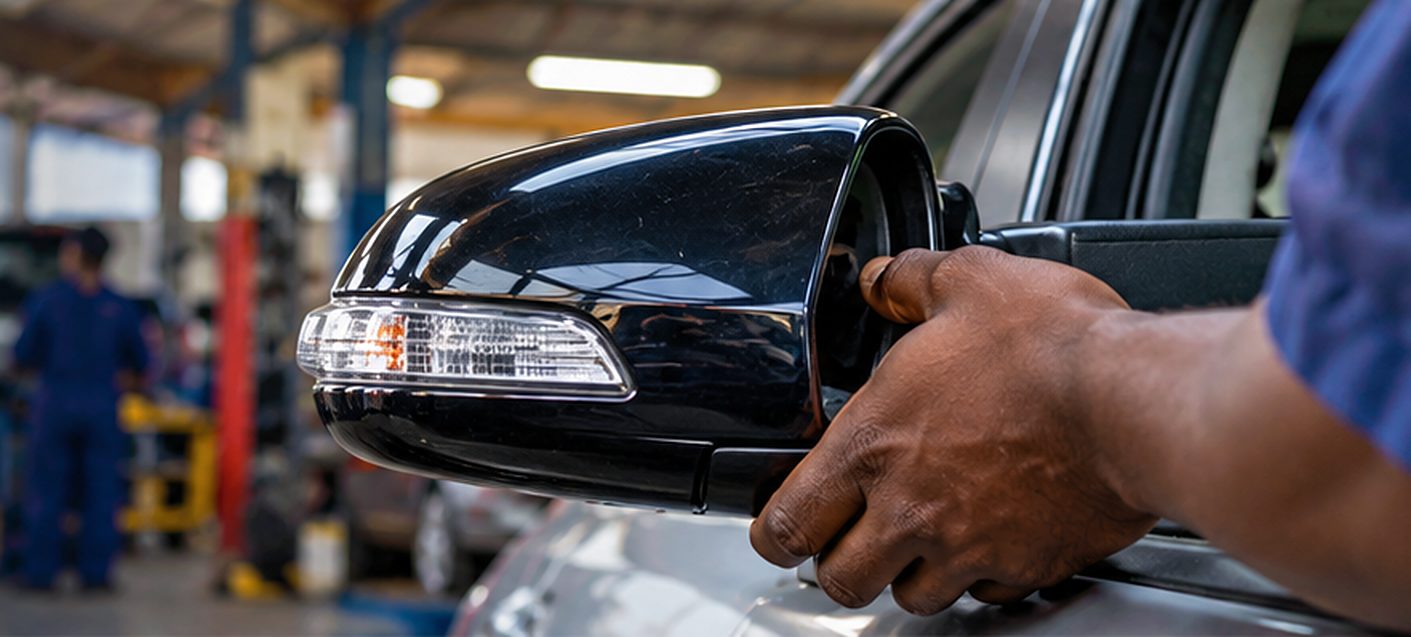 Asumbi mechanic fitting a side mirror in Roysambu, Nairobi